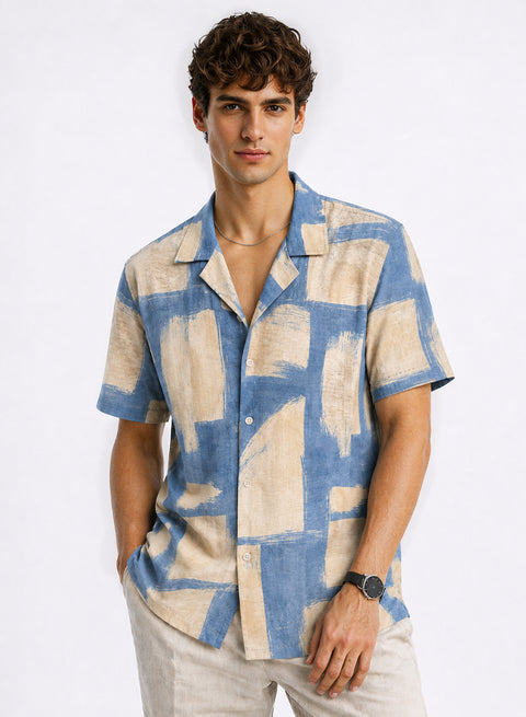 Adro Sky Grid Relaxed Fit Cuban Collar Cotton Nylon Abstract Printed Shirt