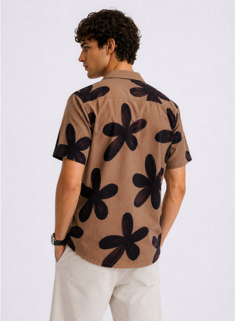 Adro Mocha Bloom Relaxed Fit Cuban Collar Cotton Nylon Floral Print Shirt