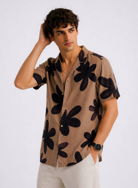 Adro Mocha Bloom Relaxed Fit Cuban Collar Cotton Nylon Floral Print Shirt
