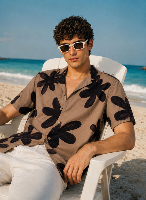 Adro Mocha Bloom Relaxed Fit Cuban Collar Cotton Nylon Floral Print Shirt