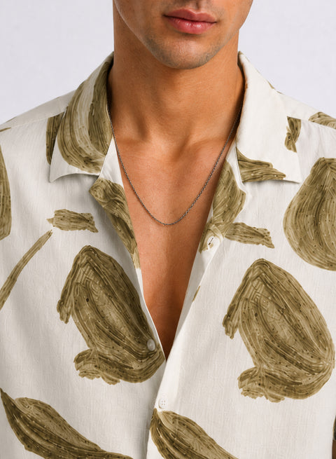 Adro Men’s Relaxed Fit Cuban Collar Cotton Linen Olive Stroke Printed Shirt – Off White Olive