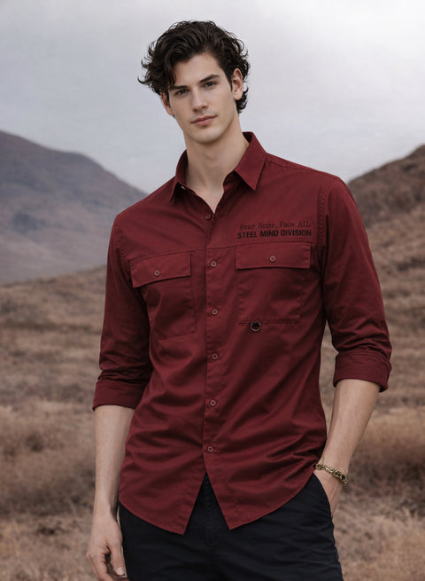 Adro Mens Cotton Twill Cargo Shirt Maroon| Stylish Outdoor Travel Shirt