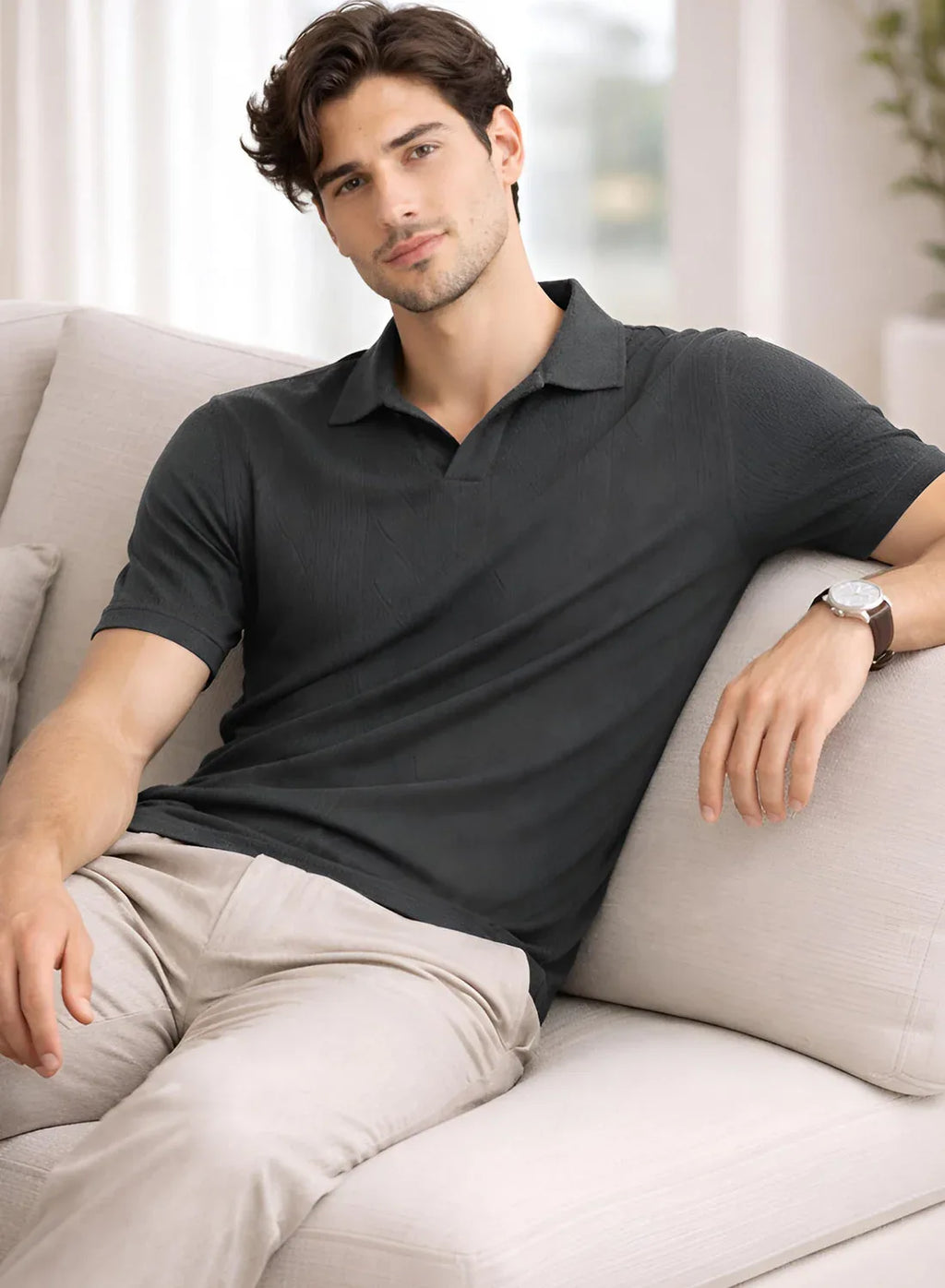 Adro Men’s Flat Knit Polo T-Shirt | Premium Textured Short Sleeve Polo Tshirt | Soft Stretch Fabric | Smart Dark Grey Casual T shirt