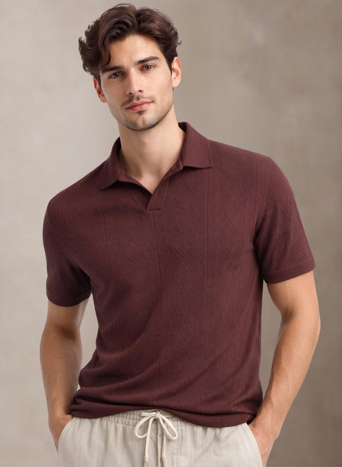 Adro Men’s Flat Knit Polo T-Shirt | Premium Textured Short Sleeve Polo Tshirt | Soft Stretch Fabric | Smart Maroon Casual T shirt