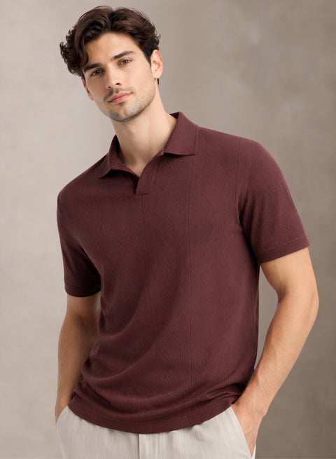 Adro Men’s Flat Knit Polo T-Shirt | Premium Textured Short Sleeve Polo Tshirt | Soft Stretch Fabric | Smart Maroon Casual T shirt