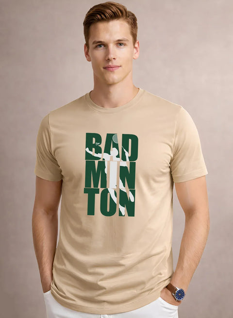 Adro Mens Badminton TShirt | Cotton Lycra | Regular Fit Tee | Sports Design T-shirt for Men | Printed T shirts for Men Beige