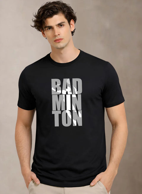 Adro Mens Badminton TShirt | Cotton Lycra | Regular Fit Tee | Sports Design T-shirt for Men | Printed T shirts for Men Black