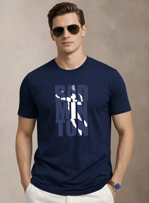 Adro Mens Badminton TShirt | Cotton Lycra | Regular Fit Tee | Sports Design T-shirt for Men | Printed T shirts for Men Navy Blue