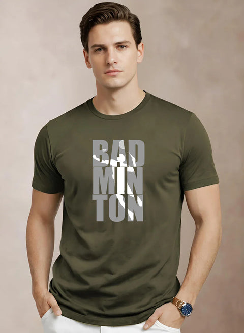 Adro Mens Badminton TShirt | Cotton Lycra | Regular Fit Tee | Sports Design T-shirt for Men | Printed T shirts for Men Olive