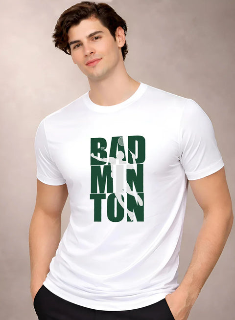 Adro Mens Badminton TShirt | Cotton Lycra | Regular Fit Tee | Sports Design T-shirt for Men | Printed T shirts for Men White