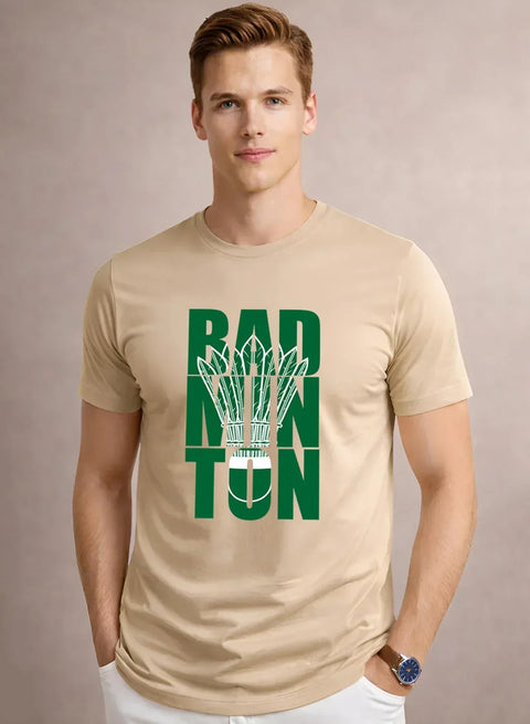 Adro Badminton Printed T-Shirt for Men | Cotton Lycra | 180 GSM Regular Fit | Sports Casual Tee | Printed Tshirt for Men| Sports Stylish T shirt Beige