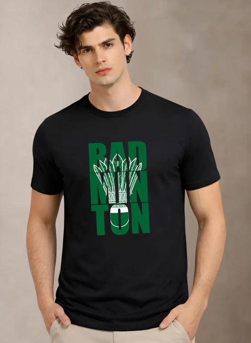 Adro Badminton Printed T-Shirt for Men | Cotton Lycra | 180 GSM Regular Fit | Sports Casual Tee | Printed Tshirt for Men| Sports Stylish T shirt Black