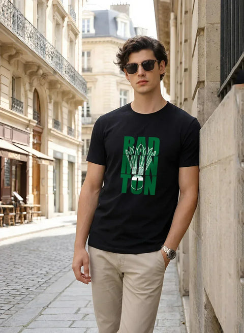 Adro Badminton Printed T-Shirt for Men | Cotton Lycra | 180 GSM Regular Fit | Sports Casual Tee | Printed Tshirt for Men| Sports Stylish T shirt