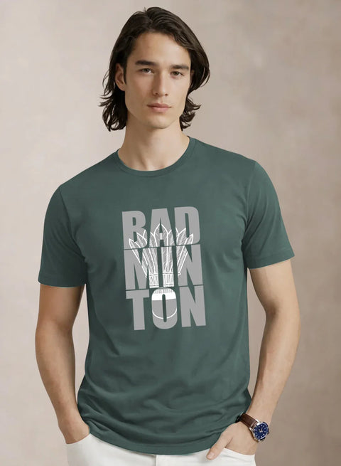 Adro Badminton Printed T-Shirt for Men | Cotton Lycra | 180 GSM Regular Fit | Sports Casual Tee | Printed Tshirt for Men| Sports Stylish T shirt Green