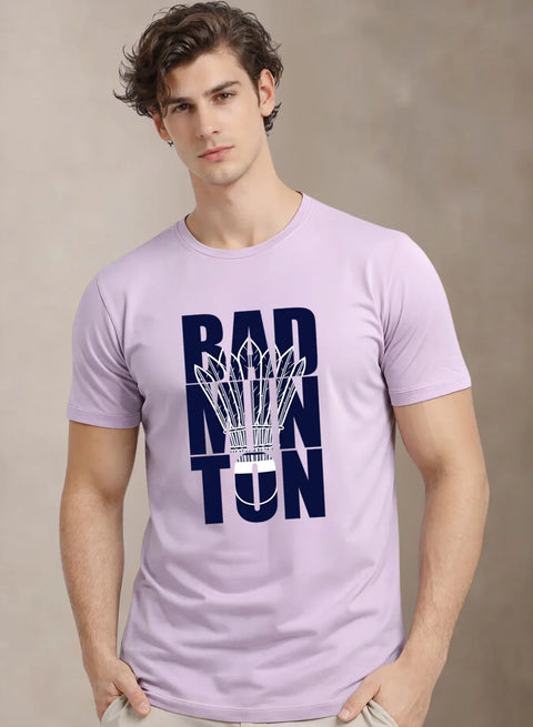 Adro Badminton Printed T-Shirt for Men | Cotton Lycra | 180 GSM Regular Fit | Sports Casual Tee | Printed Tshirt for Men| Sports Stylish T shirt Lavender
