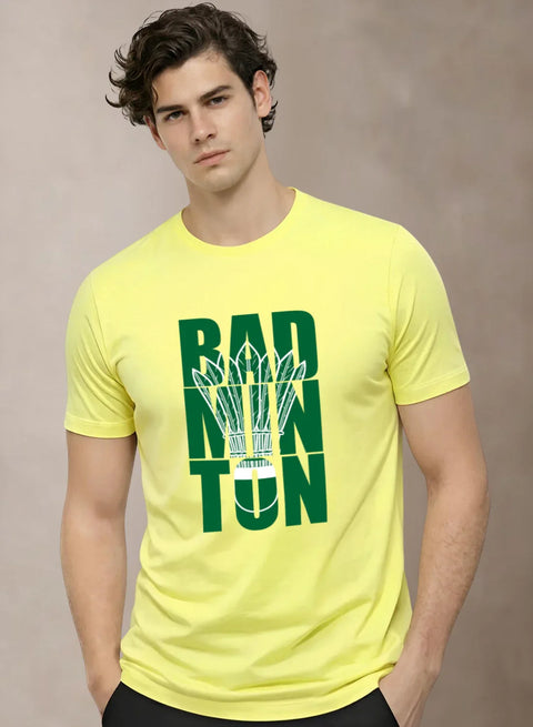 Adro Badminton Printed T-Shirt for Men | Cotton Lycra | 180 GSM Regular Fit | Sports Casual Tee | Printed Tshirt for Men| Sports Stylish T shirt Light Yellow