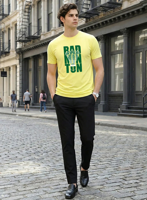 Adro Badminton Printed T-Shirt for Men | Cotton Lycra | 180 GSM Regular Fit | Sports Casual Tee | Printed Tshirt for Men| Sports Stylish T shirt