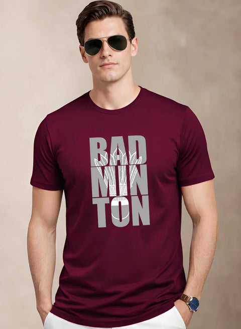 Adro Badminton Printed T-Shirt for Men | Cotton Lycra | 180 GSM Regular Fit | Sports Casual Tee | Printed Tshirt for Men| Sports Stylish T shirt Maroon