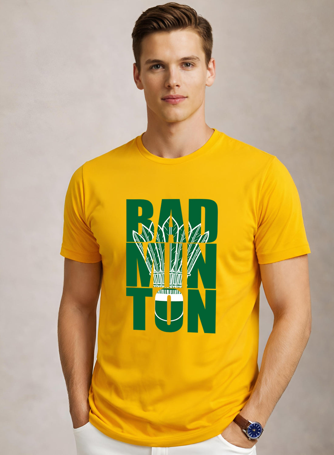 Adro Badminton Printed T-Shirt for Men | Cotton Lycra | 180 GSM Regular Fit | Sports Casual Tee | Printed Tshirt for Men| Sports Stylish T shirt Mustard