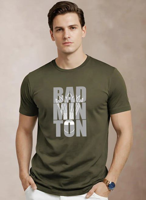 Adro Badminton Printed T-Shirt for Men | Cotton Lycra | 180 GSM Regular Fit | Sports Casual Tee | Printed Tshirt for Men| Sports Stylish T shirt Olive