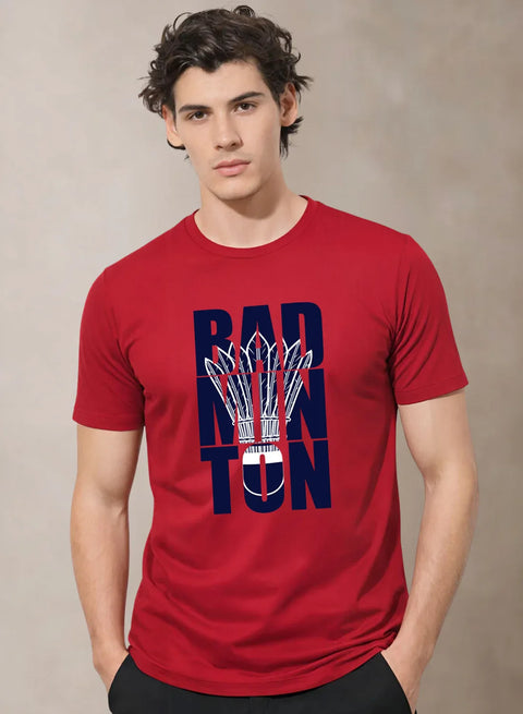 Adro Badminton Printed T-Shirt for Men | Cotton Lycra | 180 GSM Regular Fit | Sports Casual Tee | Printed Tshirt for Men| Sports Stylish T shirt Red