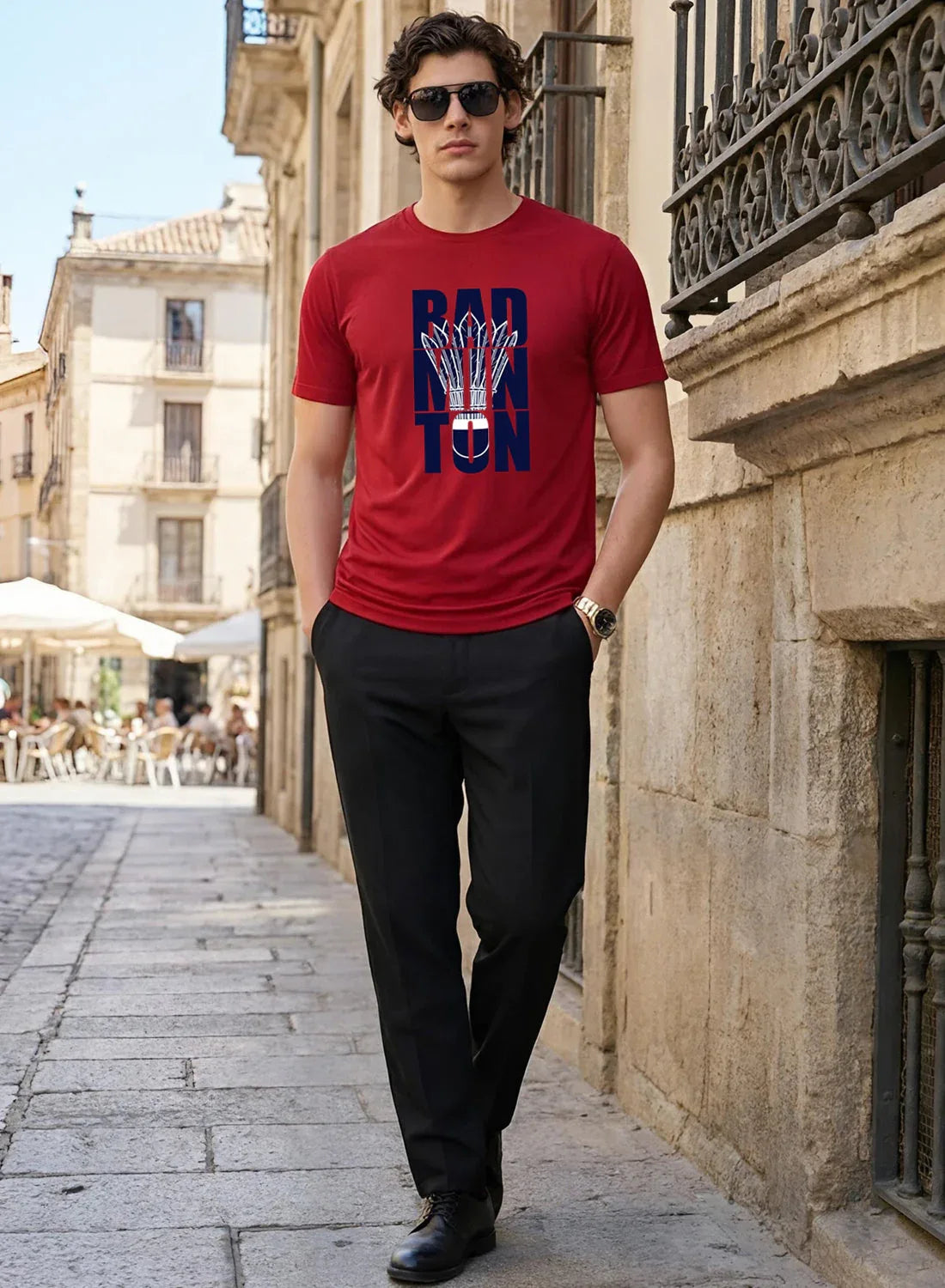 Adro Badminton Printed T-Shirt for Men | Cotton Lycra | 180 GSM Regular Fit | Sports Casual Tee | Printed Tshirt for Men| Sports Stylish T shirt