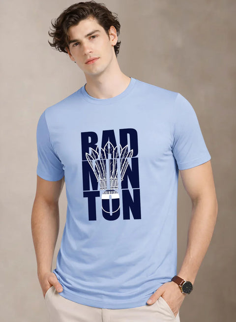 Adro Badminton Printed T-Shirt for Men | Cotton Lycra | 180 GSM Regular Fit | Sports Casual Tee | Printed Tshirt for Men| Sports Stylish T shirt Sky Blue