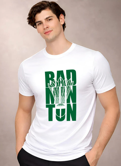 Adro Badminton Printed T-Shirt for Men | Cotton Lycra | 180 GSM Regular Fit | Sports Casual Tee | Printed Tshirt for Men| Sports Stylish T shirt White