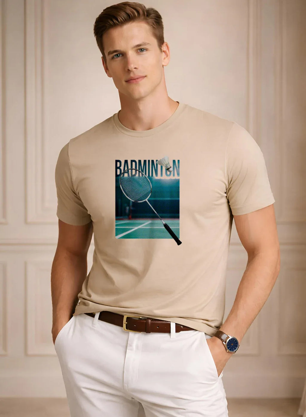 Adro Mens Badminton Graphic T-Shirt | Cotton Lycra Tshirt | 180 GSM Stretchable Crew Neck Sports Tee | Breathable Casual T shirt for Men