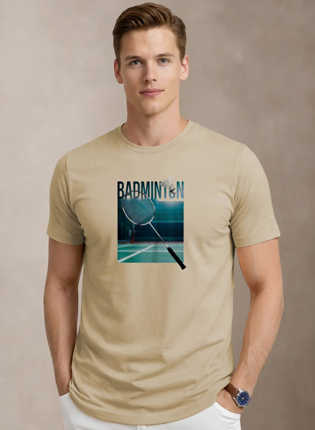 Adro Mens Badminton Graphic T-Shirt | Cotton Lycra Tshirt | 180 GSM Stretchable Crew Neck Sports Tee | Breathable Casual T shirt for Men Beige