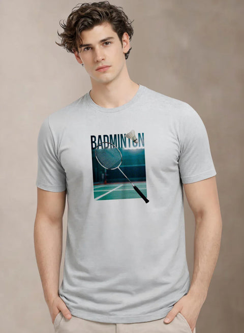 Adro Mens Badminton Graphic T-Shirt | Cotton Lycra Tshirt | 180 GSM Stretchable Crew Neck Sports Tee | Breathable Casual T shirt for Men Grey