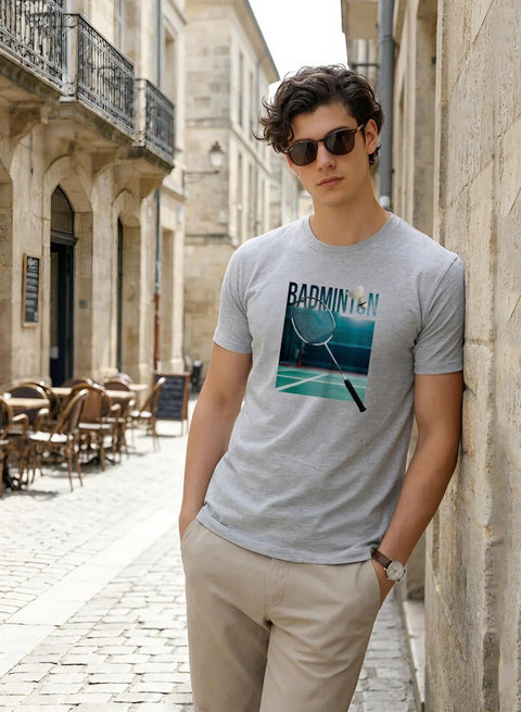 Adro Mens Badminton Graphic T-Shirt | Cotton Lycra Tshirt | 180 GSM Stretchable Crew Neck Sports Tee | Breathable Casual T shirt for Men