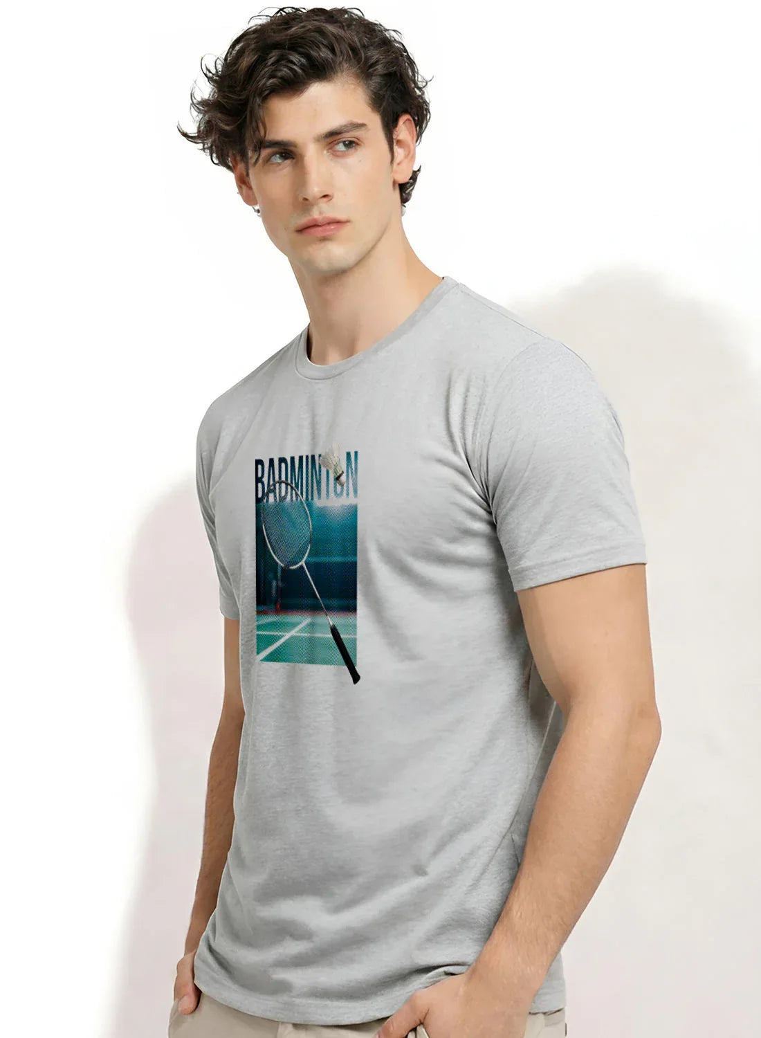 Adro Mens Badminton Graphic T-Shirt | Cotton Lycra Tshirt | 180 GSM Stretchable Crew Neck Sports Tee | Breathable Casual T shirt for Men