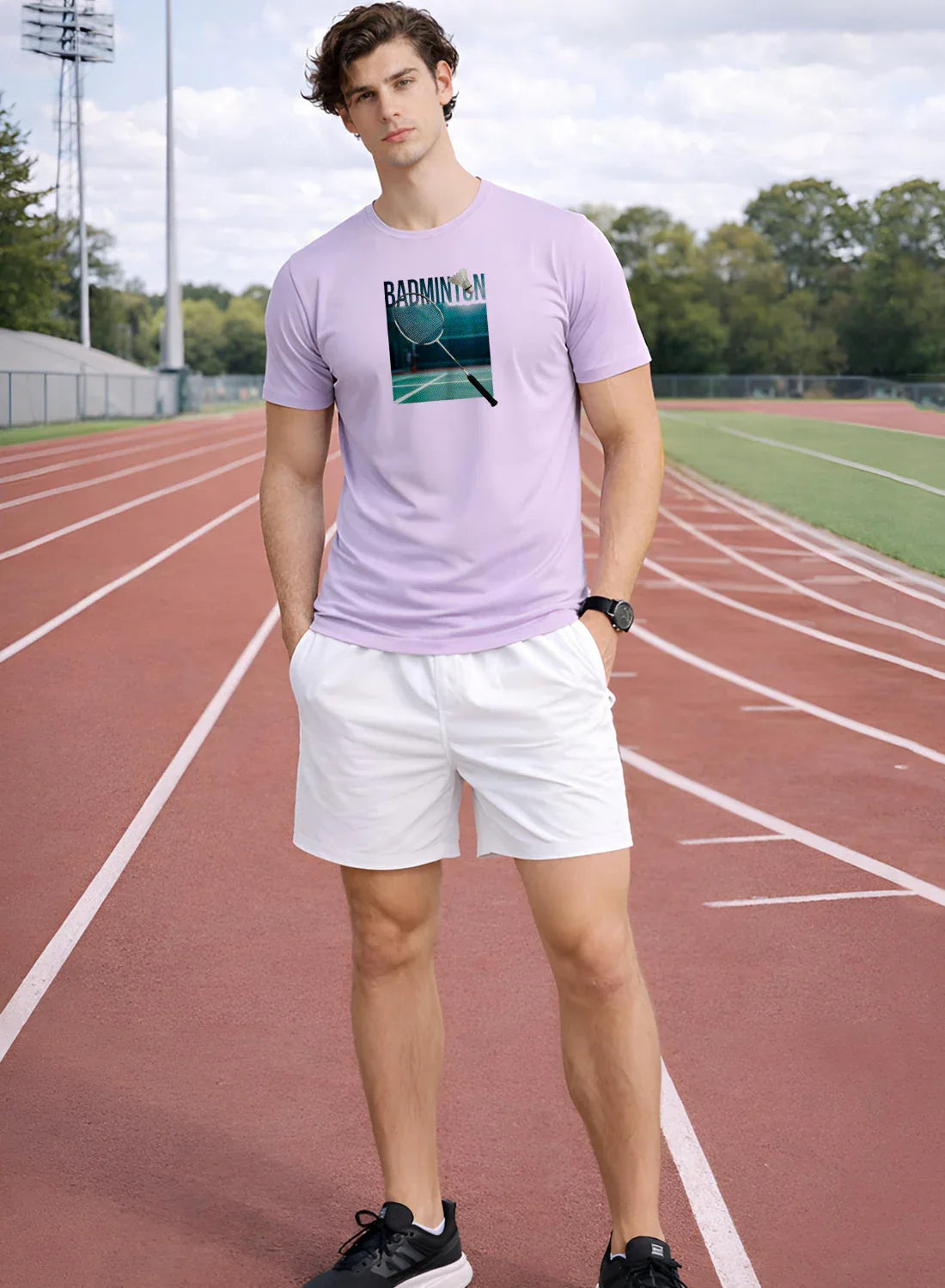 Adro Mens Badminton Graphic T-Shirt | Cotton Lycra Tshirt | 180 GSM Stretchable Crew Neck Sports Tee | Breathable Casual T shirt for Men