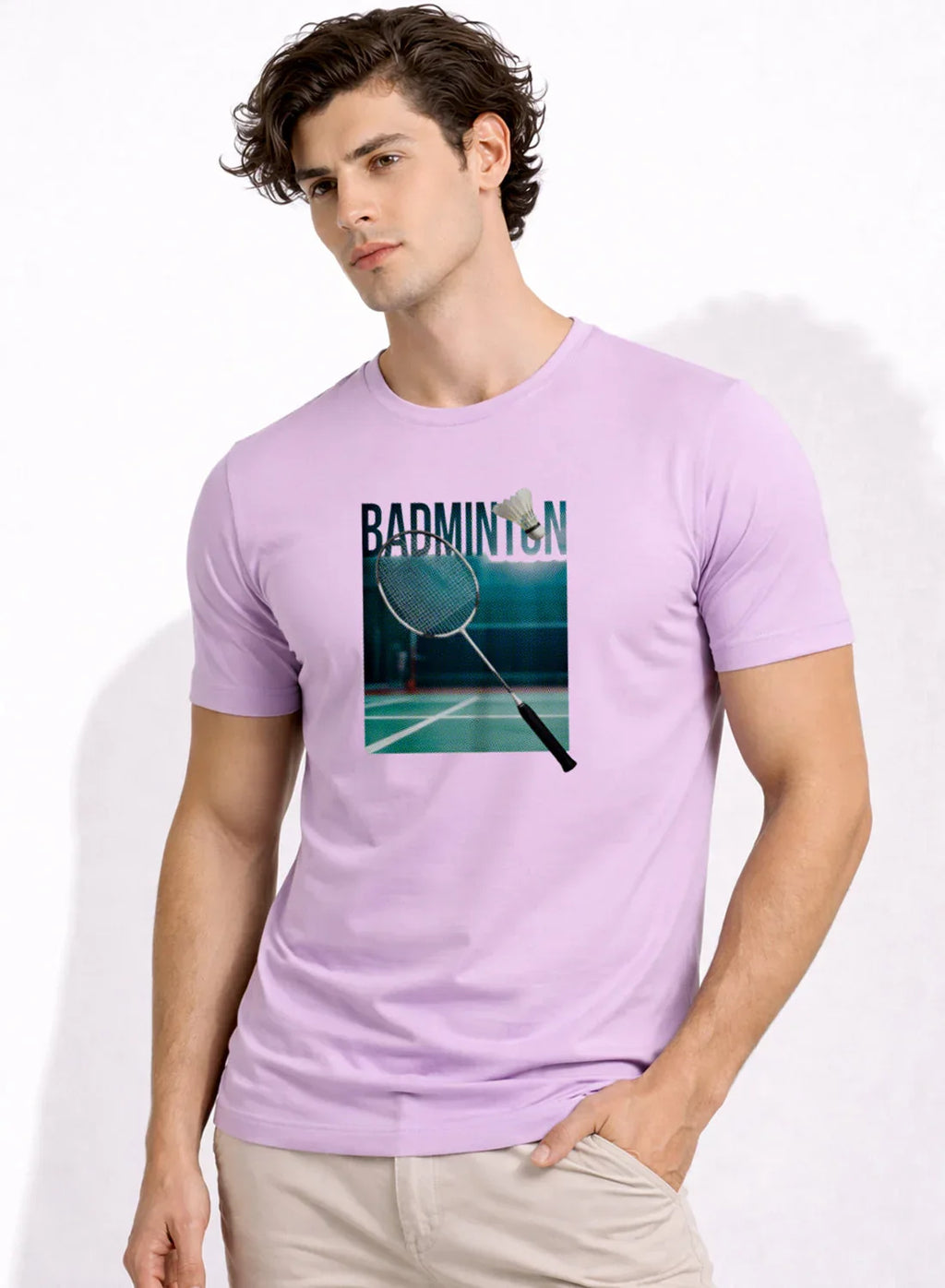 Adro Mens Badminton Graphic T-Shirt | Cotton Lycra Tshirt | 180 GSM Stretchable Crew Neck Sports Tee | Breathable Casual T shirt for Men
