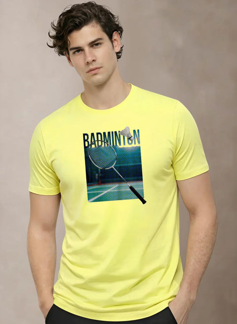 Adro Mens Badminton Graphic T-Shirt | Cotton Lycra Tshirt | 180 GSM Stretchable Crew Neck Sports Tee | Breathable Casual T shirt for Men Light Yellow