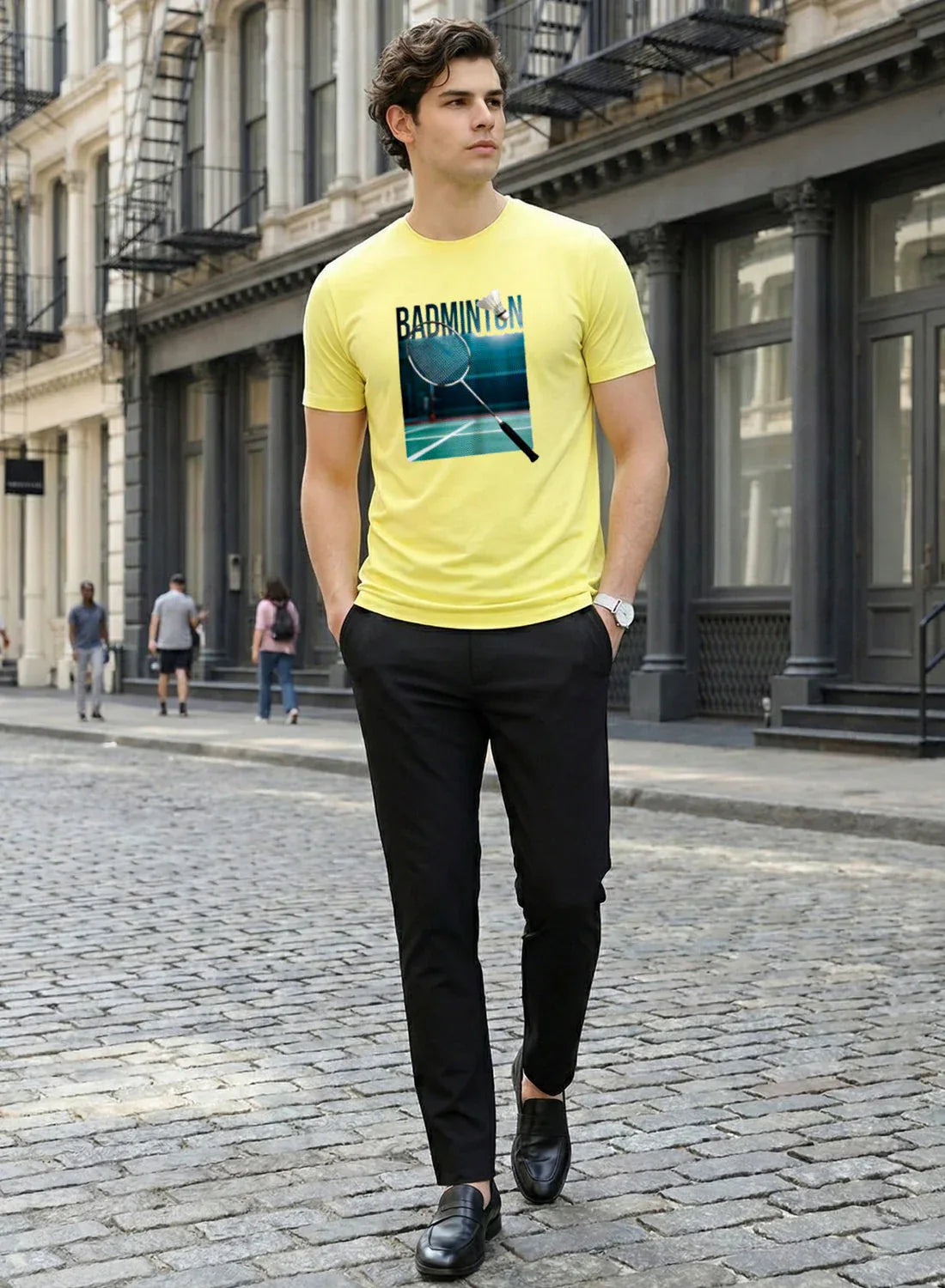 Adro Mens Badminton Graphic T-Shirt | Cotton Lycra Tshirt | 180 GSM Stretchable Crew Neck Sports Tee | Breathable Casual T shirt for Men