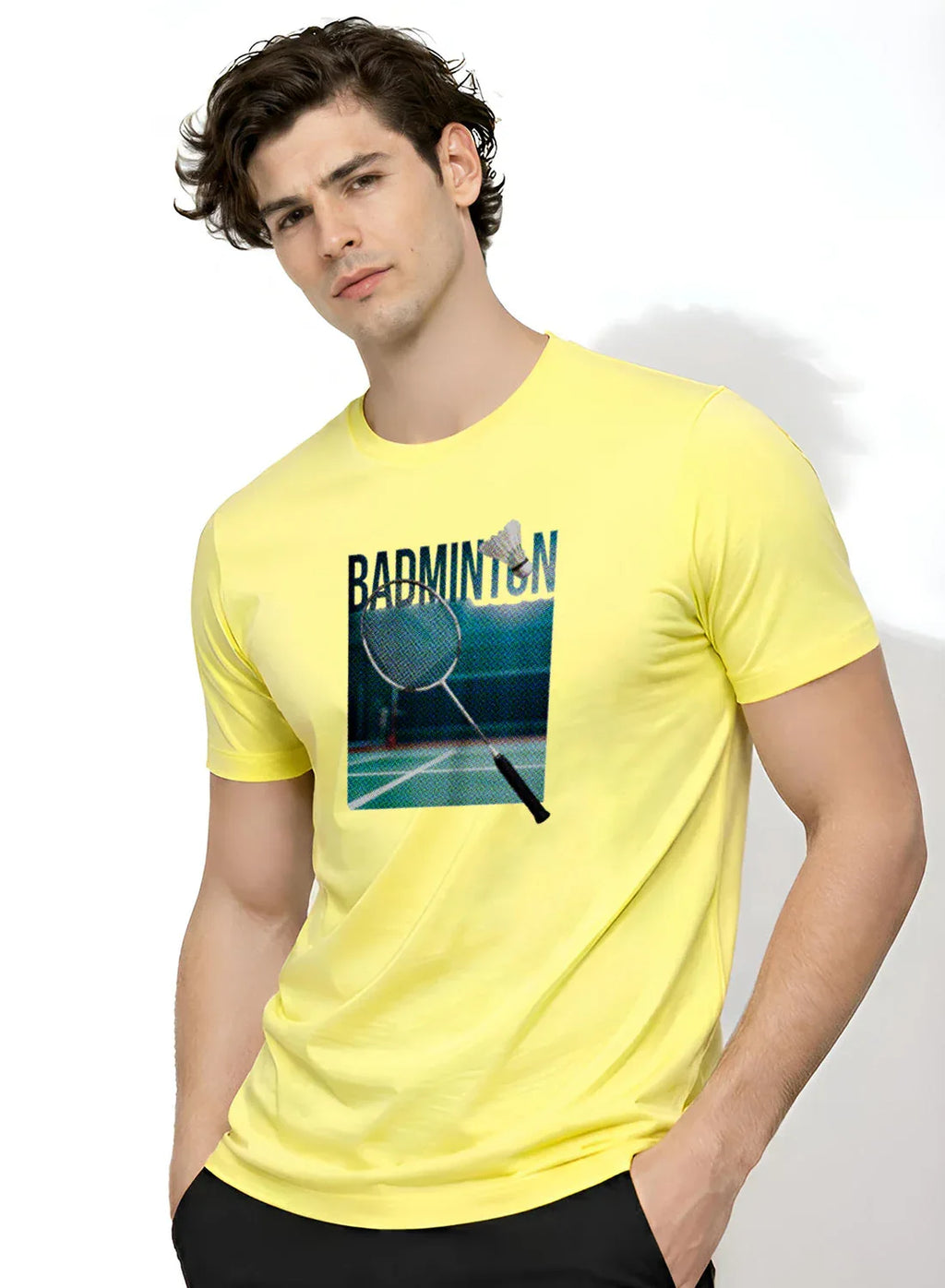 Adro Mens Badminton Graphic T-Shirt | Cotton Lycra Tshirt | 180 GSM Stretchable Crew Neck Sports Tee | Breathable Casual T shirt for Men