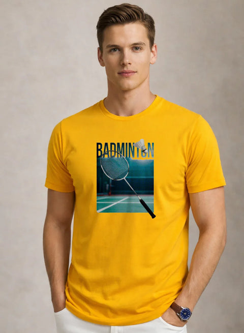 Adro Mens Badminton Graphic T-Shirt | Cotton Lycra Tshirt | 180 GSM Stretchable Crew Neck Sports Tee | Breathable Casual T shirt for Men Mustard