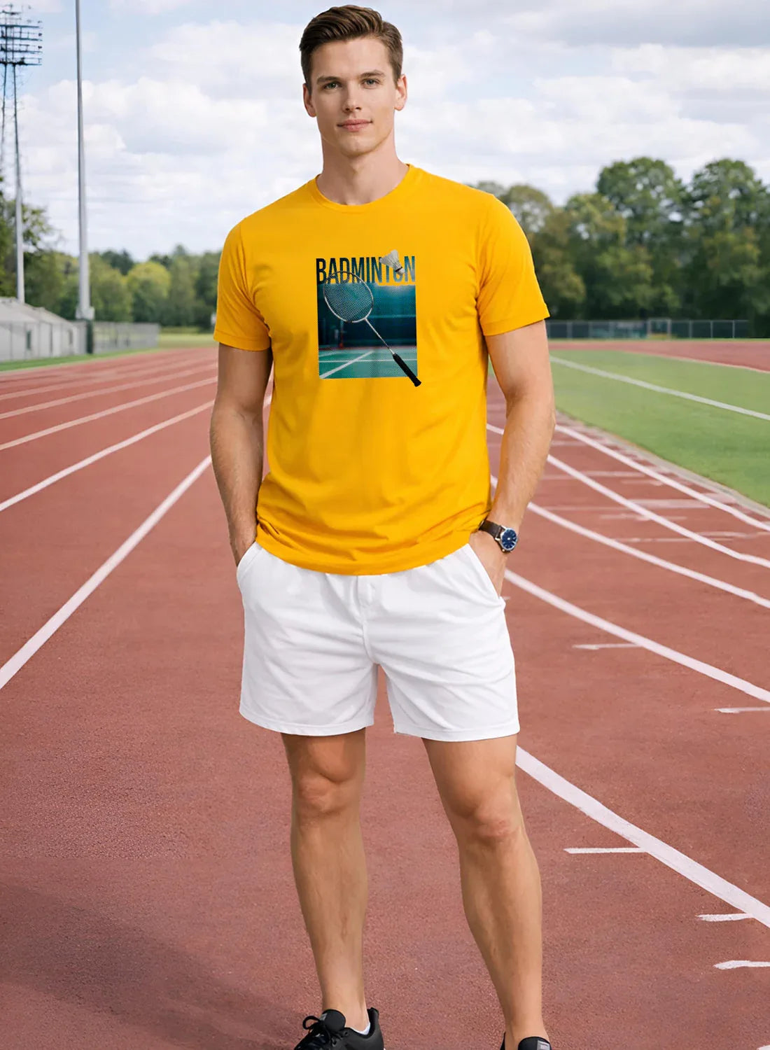 Adro Mens Badminton Graphic T-Shirt | Cotton Lycra Tshirt | 180 GSM Stretchable Crew Neck Sports Tee | Breathable Casual T shirt for Men