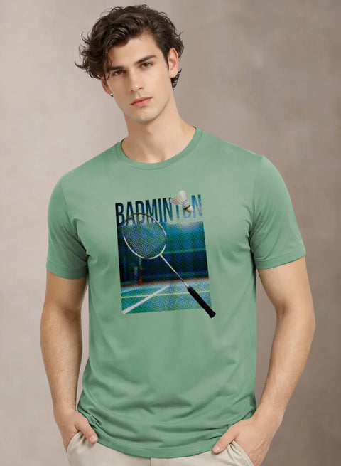 Adro Mens Badminton Graphic T-Shirt | Cotton Lycra Tshirt | 180 GSM Stretchable Crew Neck Sports Tee | Breathable Casual T shirt for Men Pista