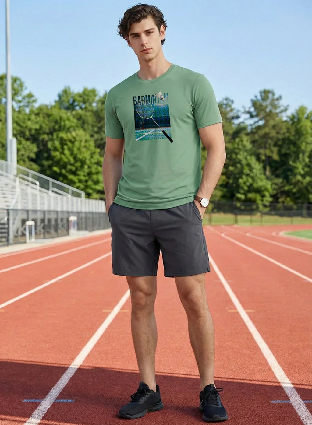 Adro Mens Badminton Graphic T-Shirt | Cotton Lycra Tshirt | 180 GSM Stretchable Crew Neck Sports Tee | Breathable Casual T shirt for Men
