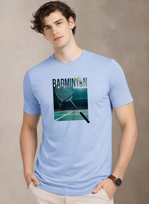 Adro Mens Badminton Graphic T-Shirt | Cotton Lycra Tshirt | 180 GSM Stretchable Crew Neck Sports Tee | Breathable Casual T shirt for Men Sky Blue