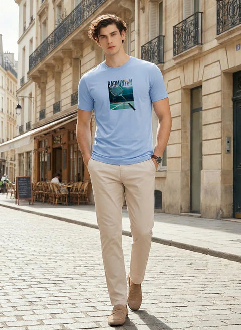 Adro Mens Badminton Graphic T-Shirt | Cotton Lycra Tshirt | 180 GSM Stretchable Crew Neck Sports Tee | Breathable Casual T shirt for Men