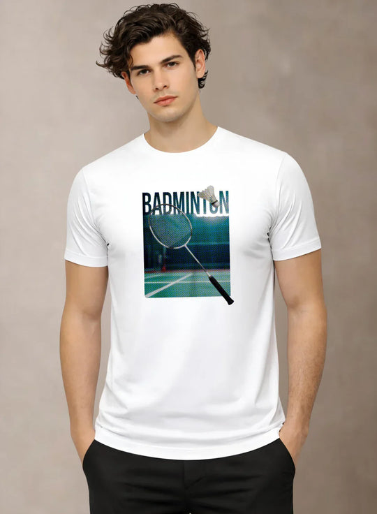 Adro Mens Badminton Graphic T-Shirt | Cotton Lycra Tshirt | 180 GSM Stretchable Crew Neck Sports Tee | Breathable Casual T shirt for Men