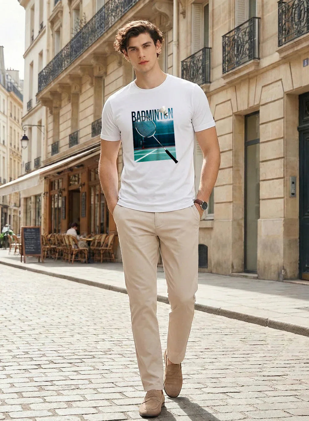 Adro Mens Badminton Graphic T-Shirt | Cotton Lycra Tshirt | 180 GSM Stretchable Crew Neck Sports Tee | Breathable Casual T shirt for Men