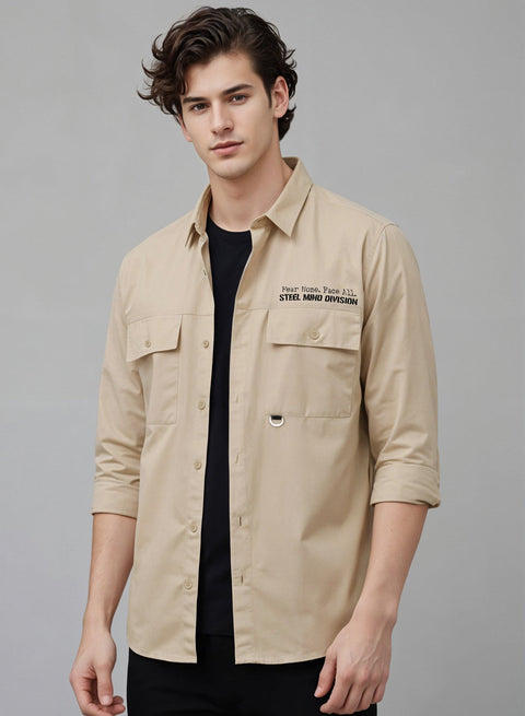 Adro Mens Cotton Twill Cargo Shirt Beige| Stylish Outdoor Travel Shirt