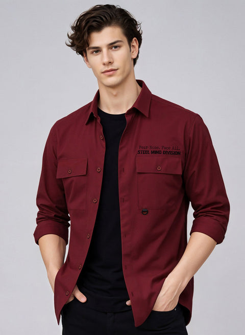 Adro Mens Cotton Twill Cargo Shirt Maroon| Stylish Outdoor Travel Shirt