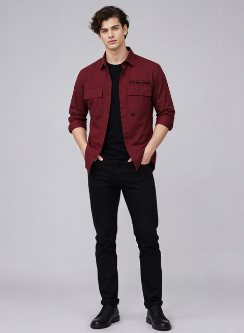 Adro Mens Cotton Twill Cargo Shirt Maroon| Stylish Outdoor Travel Shirt