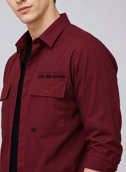 Adro Mens Cotton Twill Cargo Shirt Maroon| Stylish Outdoor Travel Shirt